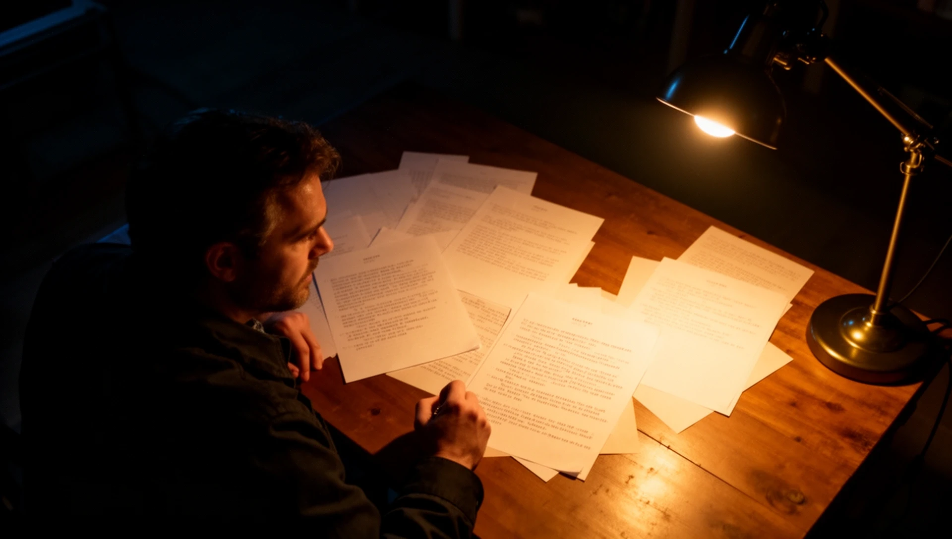 Drehbuchautor am Schreibtisch mit Filmnotizen